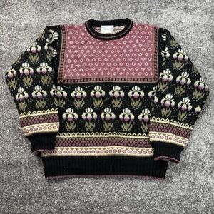 Vintage Deans Of Scotland 100% Shetland Wool Sweater Size XL Purple Knit Floral